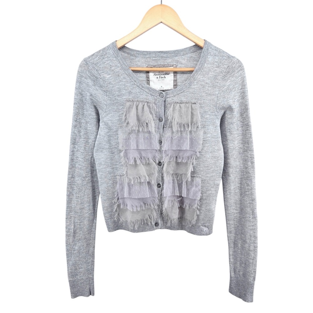 Abercrombie & Fitch Y2K Lightweight Cardigan Sz M Gray Frayed Sheer Mesh Trim